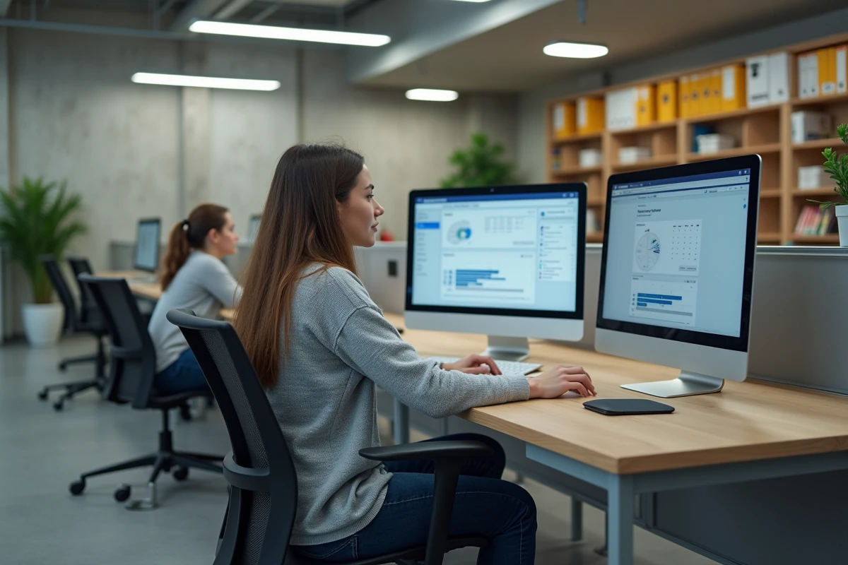 Employée administrative accédant au portail intranet de l'académie d'Amiens sur un poste informatique dans un espace de travail ouvert