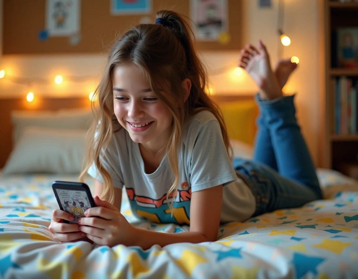 Adolescente lisant un epub manga sur smartphone allongée sur son lit dans une chambre décorée de guirlandes lumineuses
