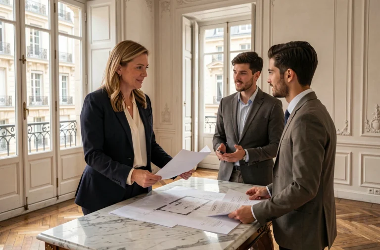 Agent immobilière présentant des plans d'appartement à un couple dans un appartement haussmannien parisien avec parquet en point de Hongrie