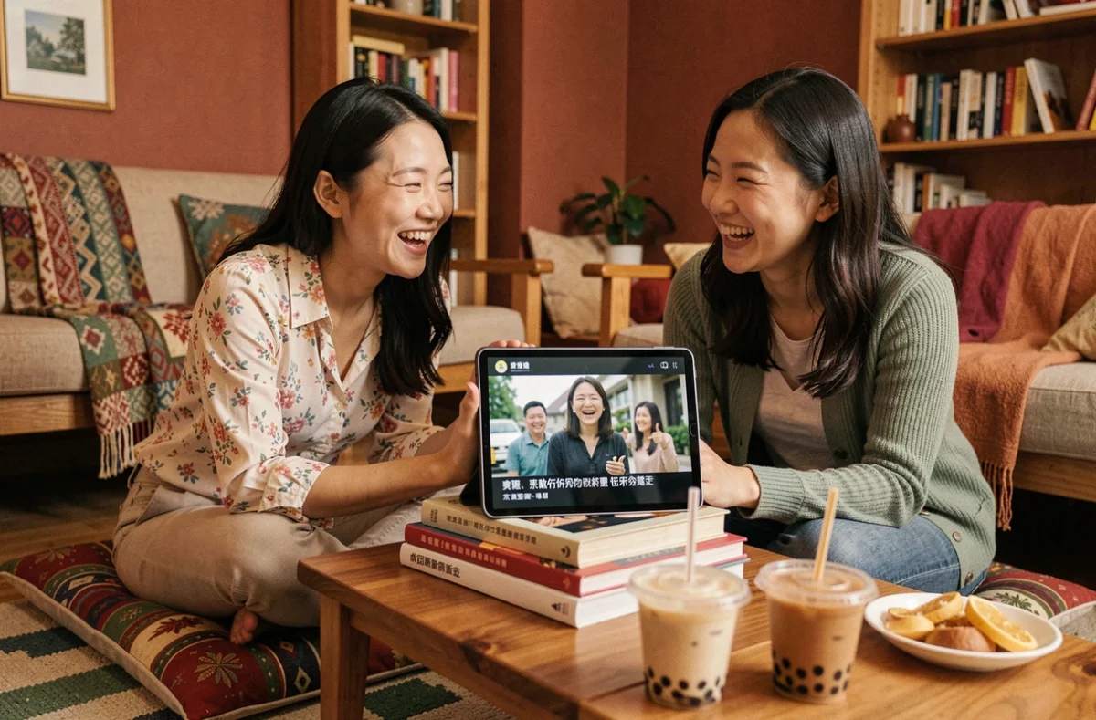 Deux amies asiatiques regardant ensemble un drama taïwanais en streaming sur tablette dans un appartement cosy