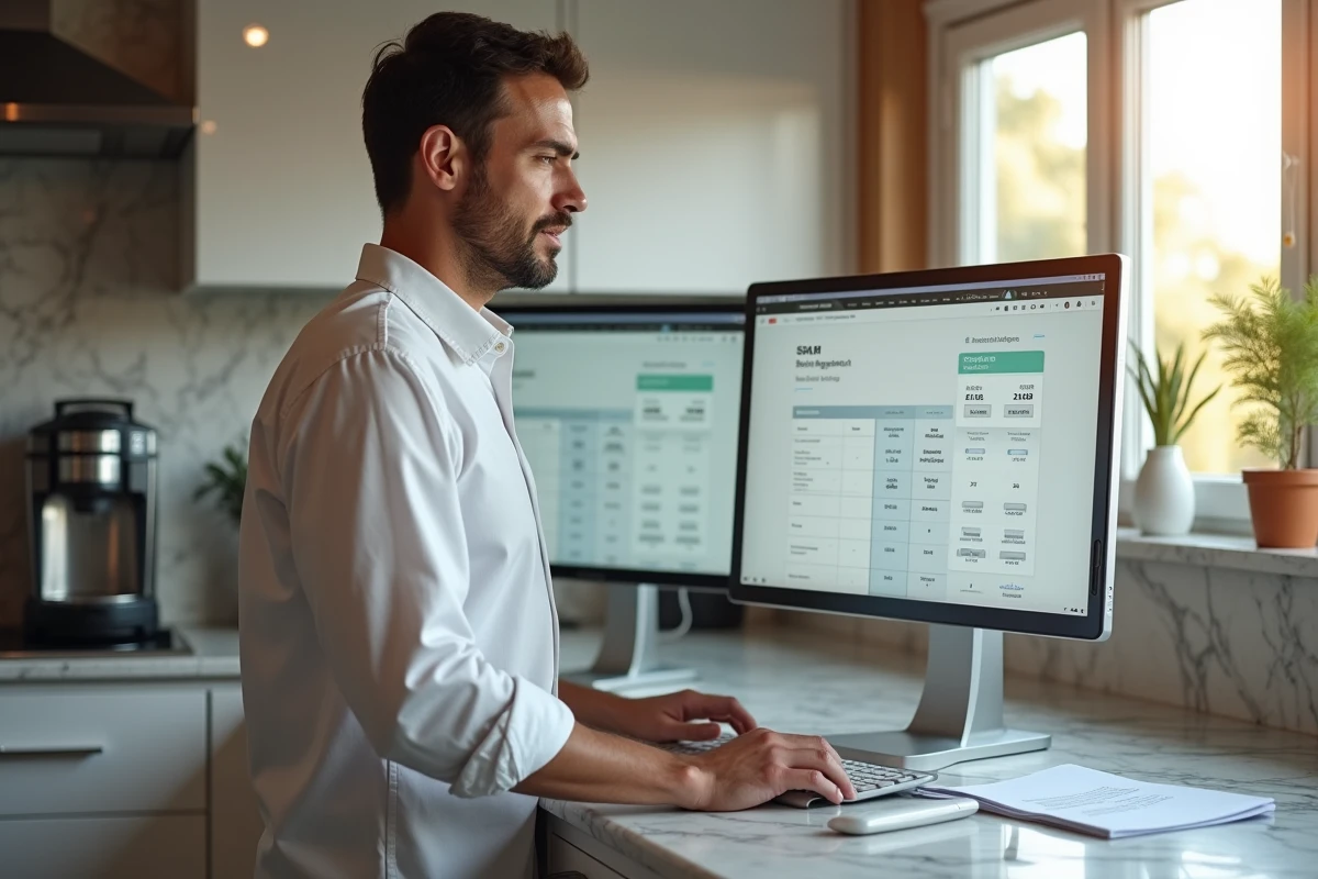 Homme analysant les détails tarifaires d'un service de téléchargement en ligne sur un double écran dans une cuisine moderne