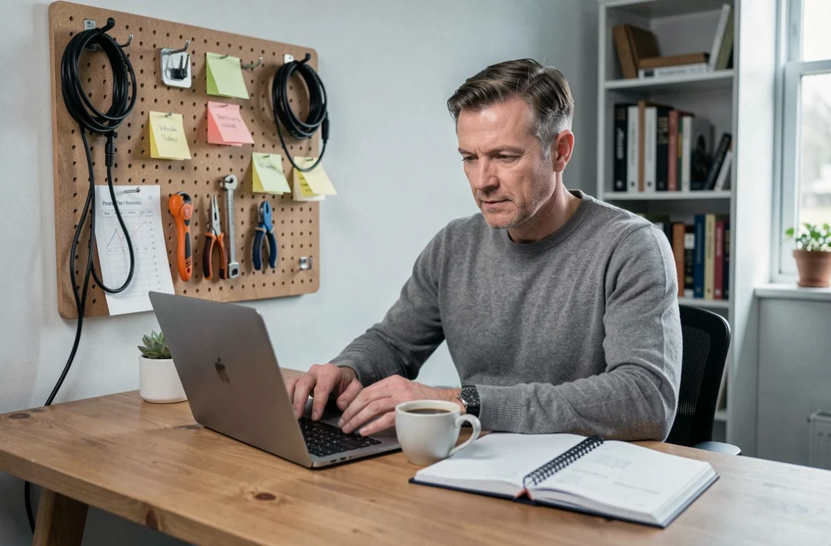Homme travaillant dans un bureau à domicile bien organisé avec agenda et outils pratiques du quotidien