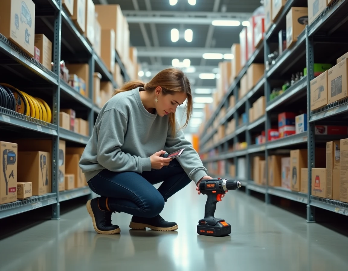 Femme choisissant une perceuse sans fil dans un rayon de quincaillerie avant de commencer le bricolage