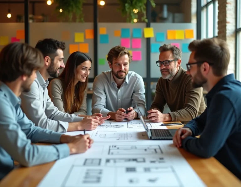 Groupe de professionnels collaborant autour de maquettes et plans dans un espace de coworking moderne, symbolisant les nouvelles utopies et l'innovation collective