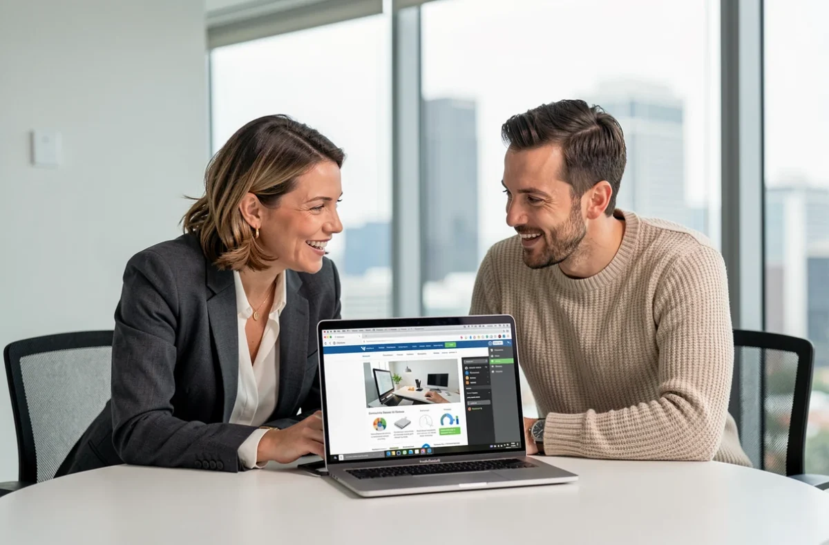 Deux collègues collaborant sur une stratégie web et des conseils SEO lors d'une réunion dans un bureau moderne