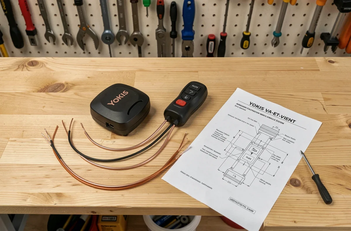 Vue à plat des composants d'un kit Yokis va-et-vient sans fil sur un établi d'électricien avec schéma de câblage