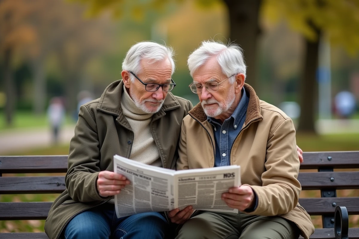 Couple senior discutant en lisant un journal dans un parc