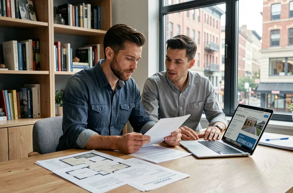 Couple étudiant des documents de vente aux enchères immobilières avant de faire une offre