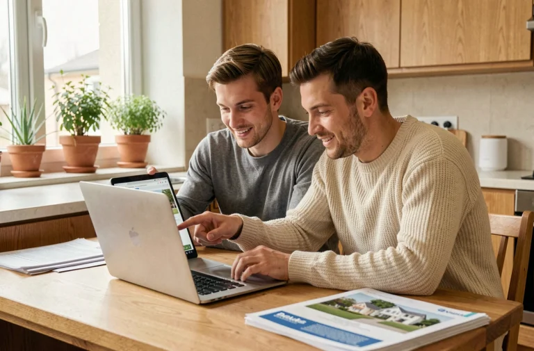 Couple consultant un site immobilier sur ordinateur portable dans une cuisine moderne pour trouver leur future maison