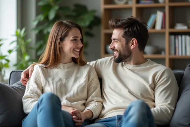 Femme souriante assise à côté d'un homme dans un salon lumineux