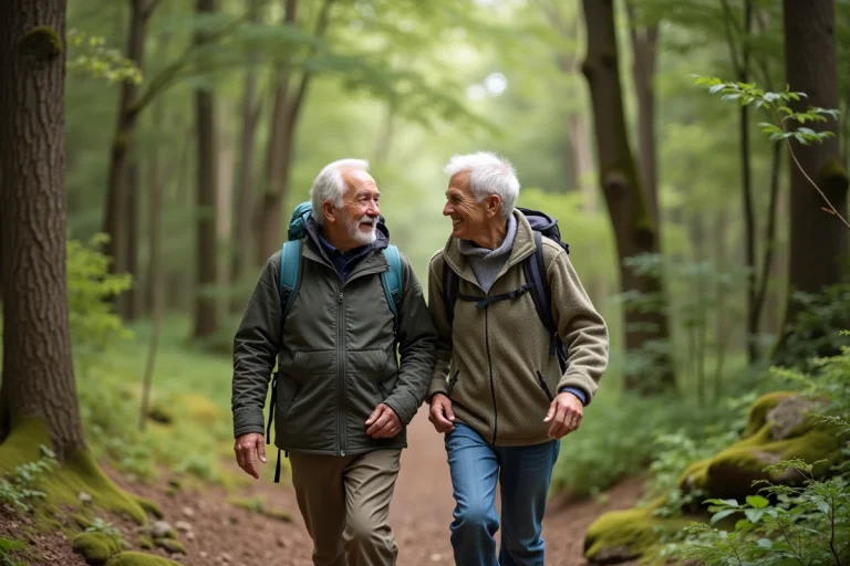 Couple senior randonne en forêt verdoyante