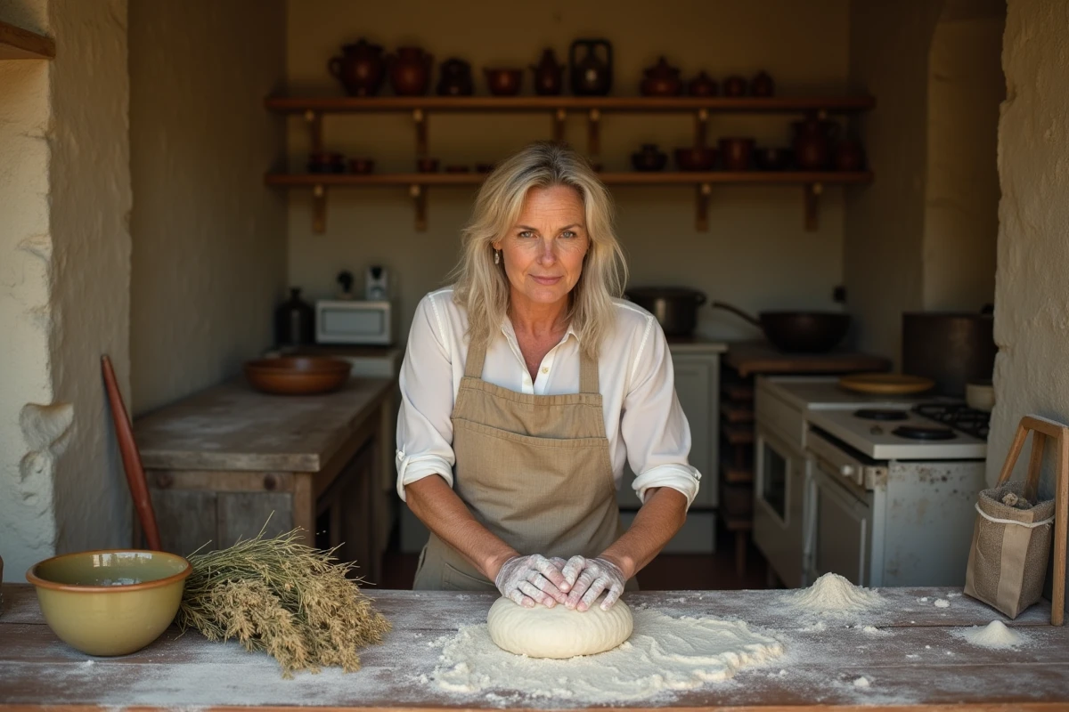 Femme bretonne préparant de la pâte à galette de sarrasin dans une cuisine de ferme traditionnelle en Finistère