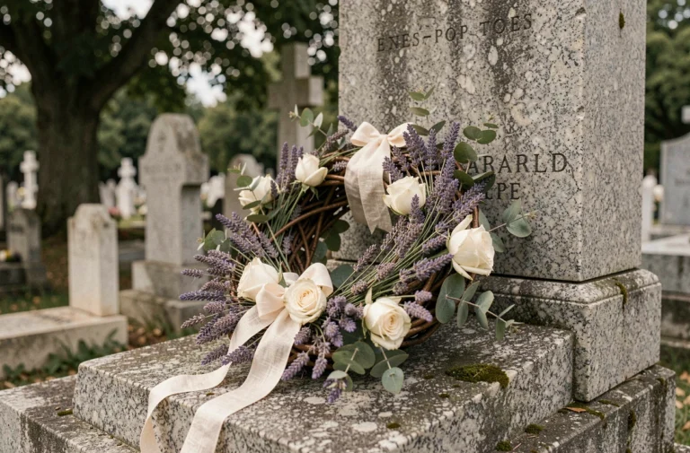 Couronne de fleurs séchées en lavande et roses blanches ornant une tombe en granit dans un cimetière français