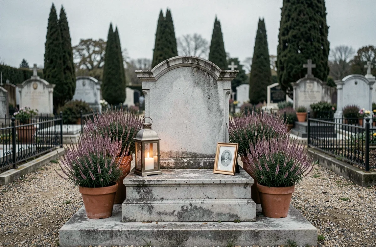 Tombe familiale décorée avec lanterne, plaque portrait en céramique et bruyères en pots dans un cimetière provincial français