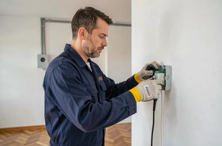 Électricien professionnel installant un module Yokis va-et-vient dans une boîte d'encastrement murale dans un appartement moderne
