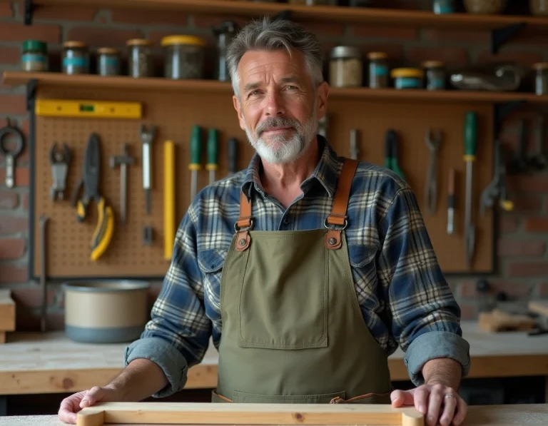 Homme bricoleur en tablier devant un établi en bois avec outils essentiels organisés dans un atelier de garage