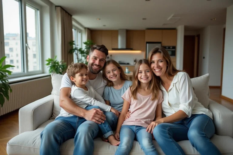 Famille souriante dans un salon moderne et spacieux