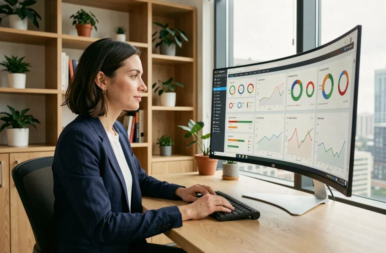 Femme professionnelle analysant des tendances web et des données numériques sur un grand écran incurvé dans un bureau moderne