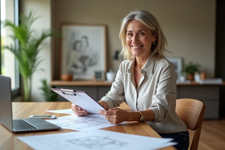 Femme souriante tenant un plan dans un intérieur lumineux