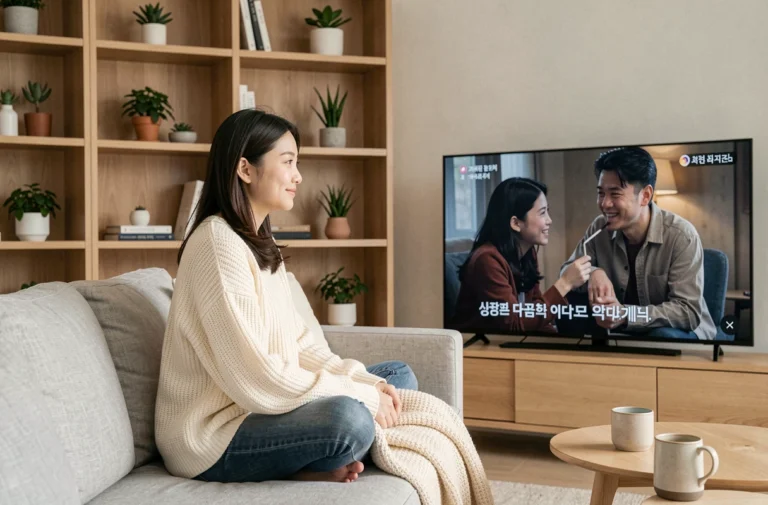Jeune femme asiatique regardant un drama coréen en streaming sur grand écran dans son salon cosy