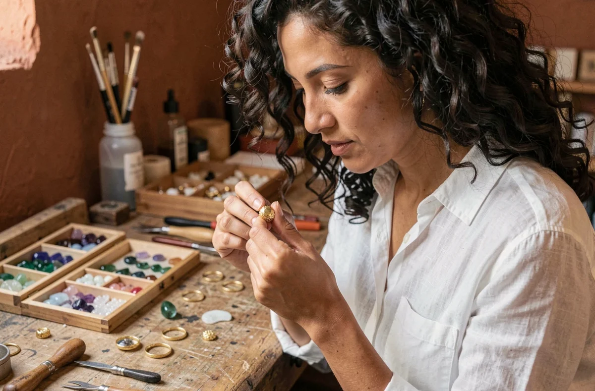Femme inspectant une bague artisanale en or dans un atelier de bijoux avec outils et pierres précieuses en arrière-plan