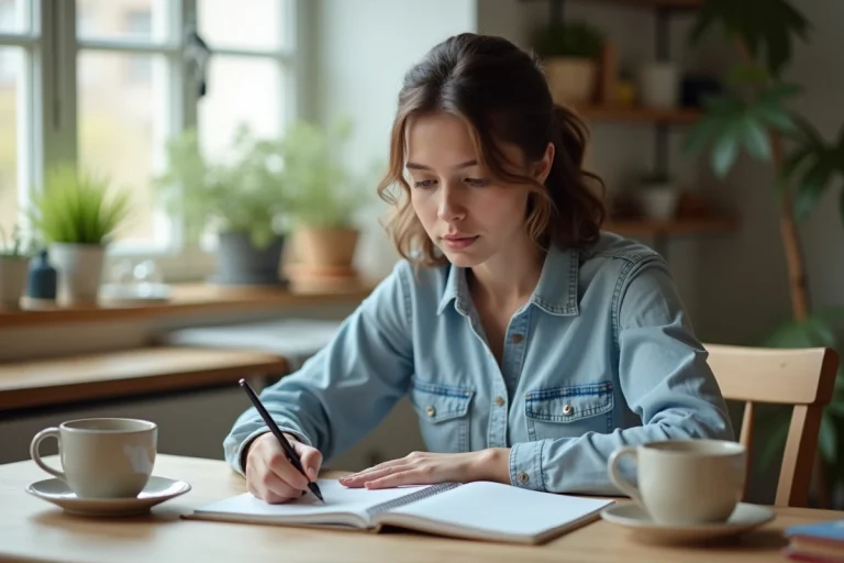 Jeune femme en cuisine regardant son budget