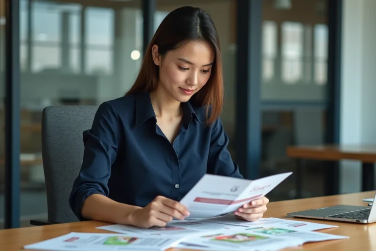Jeune femme d affaires examine des flyers colorés au bureau