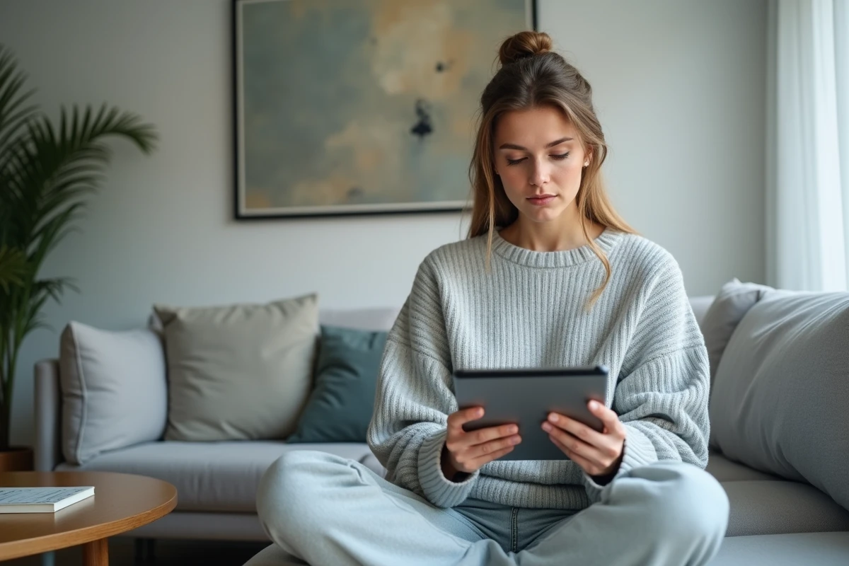 Femme comparant les offres et abonnements d'un service de téléchargement premium sur une tablette depuis son salon