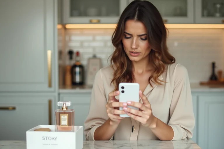 Femme comparant un parfum de luxe reçu en ligne avec une boutique sur son smartphone, sur un plan de travail en marbre