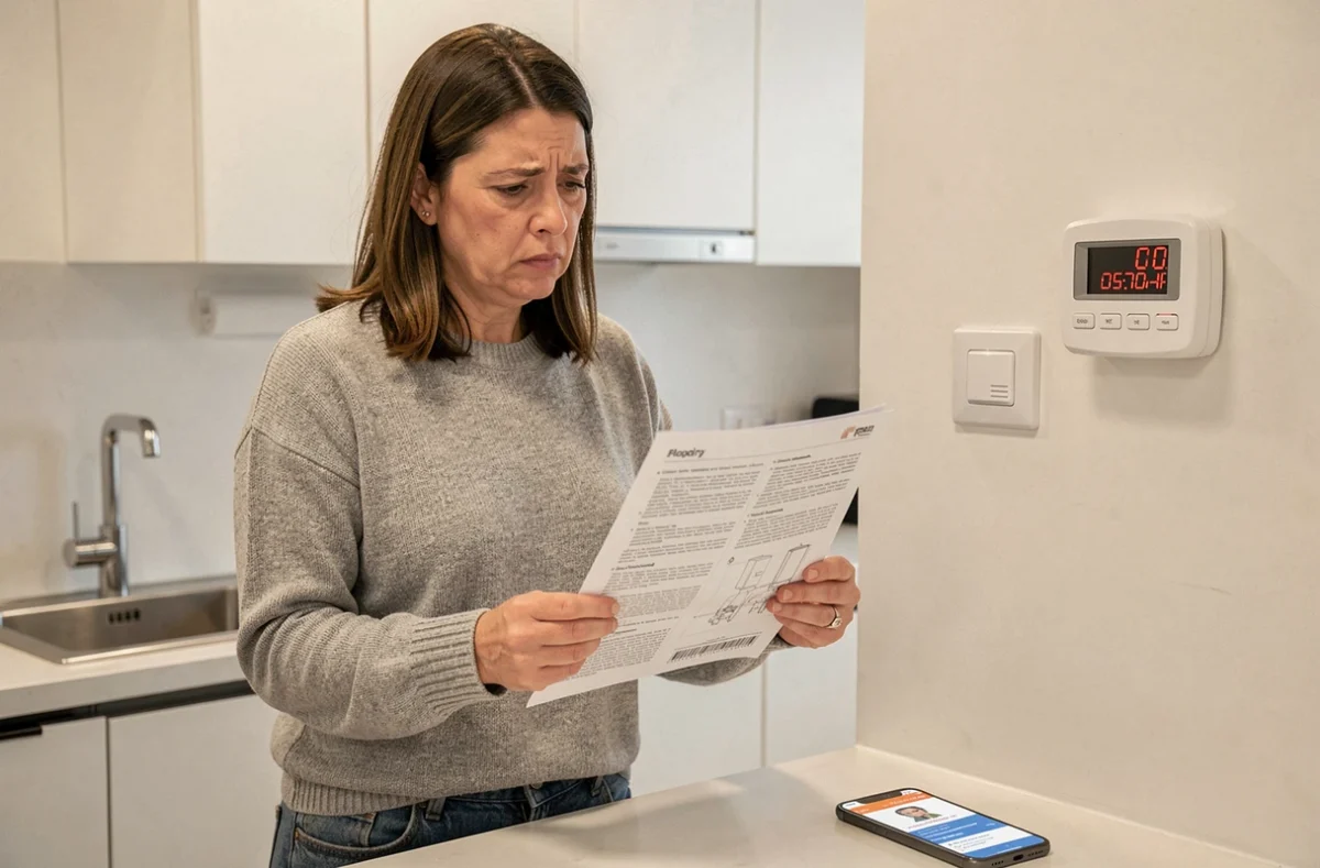 Femme consultant le manuel d'utilisation de sa chaudière en panne avec un thermostat affichant un code d'erreur en arrière-plan