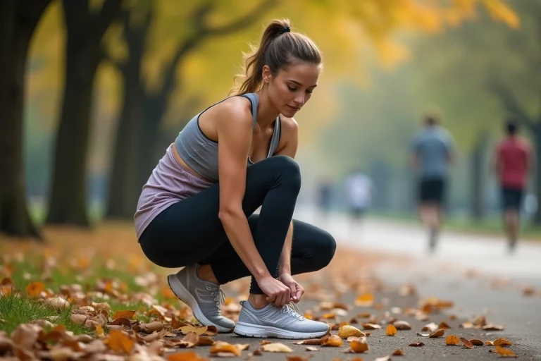 Femme en tenue de sport attachant ses chaussures dans un parc urbain