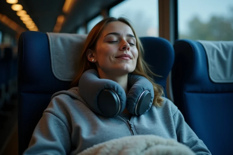Jeune femme dormant confortablement dans un bus de nuit avec un oreiller de voyage et un casque audio
