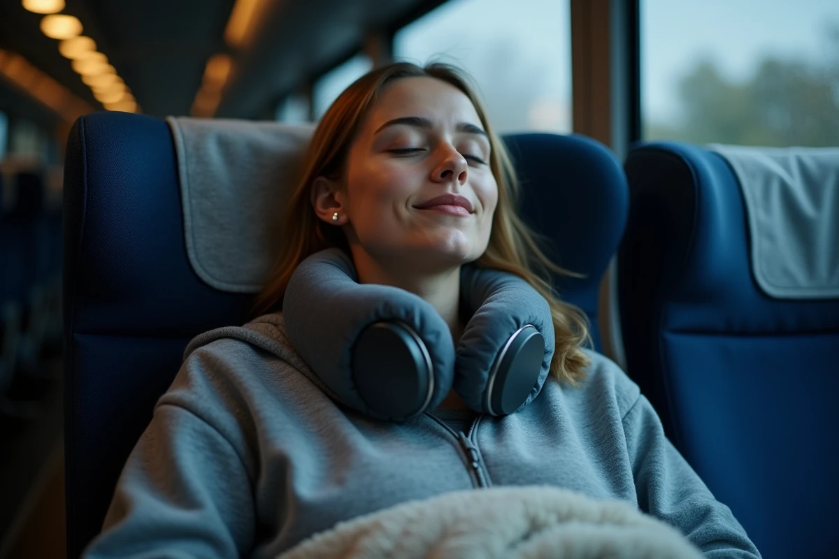 Jeune femme dormant confortablement dans un bus de nuit avec un oreiller de voyage et un casque audio
