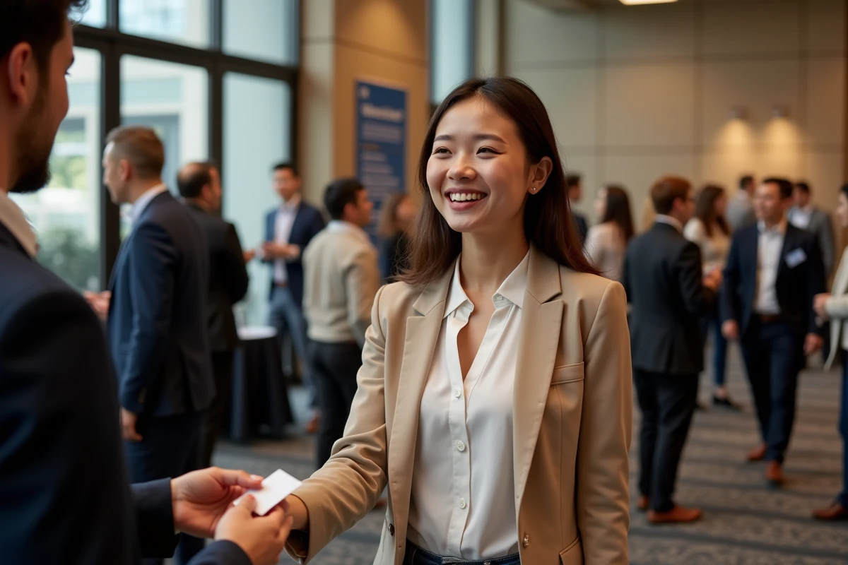 Femme en blazer échangeant des cartes de visite