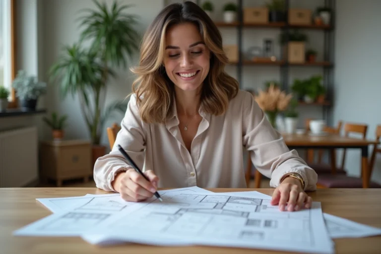 Femme souriante lisant des documents immobiliers dans un appartement lumineux