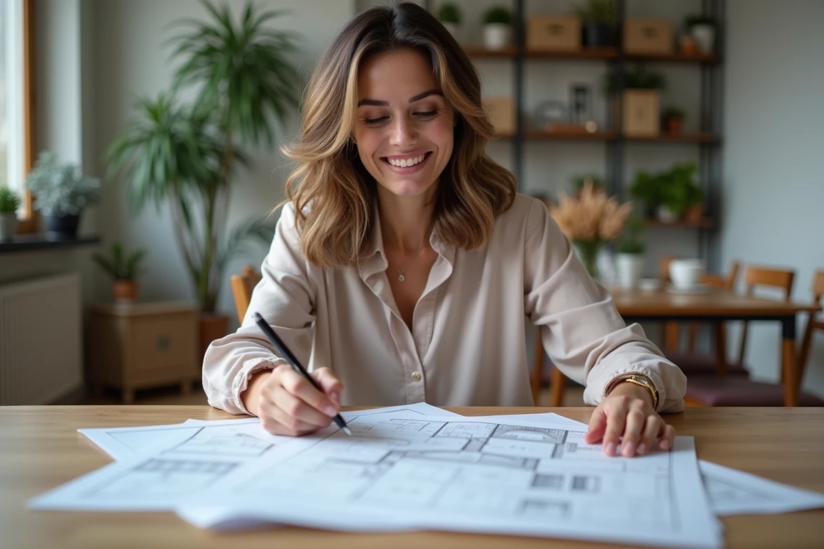 Femme souriante lisant des documents immobiliers dans un appartement lumineux