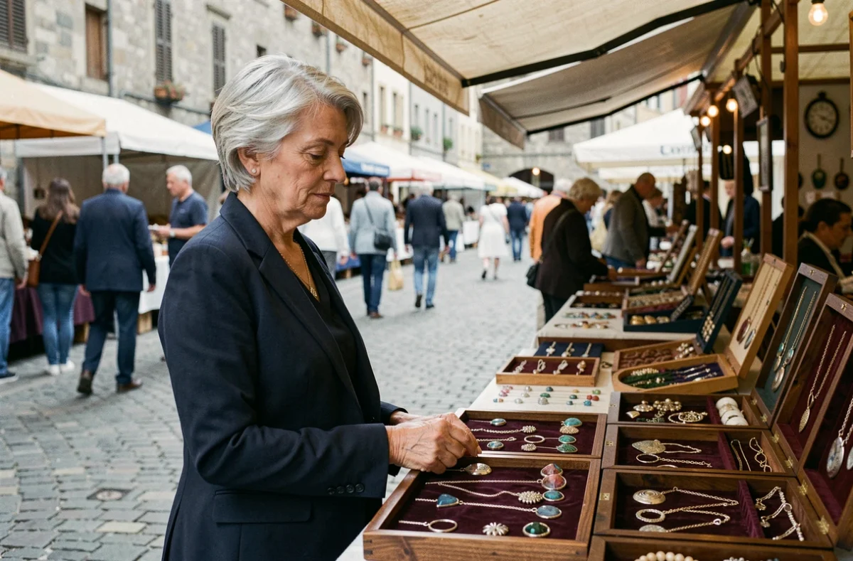 Femme aux cheveux argentés explorant des bijoux artisanaux sur un marché européen avec étals de créateurs