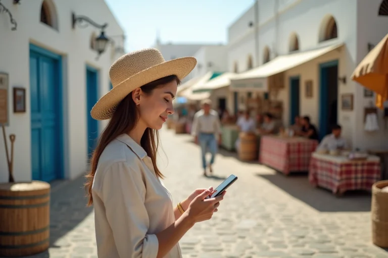 Jeune femme à Djerba regardant son téléphone dans un marché