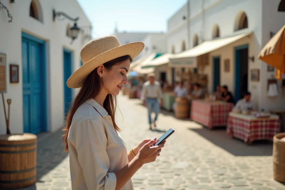Jeune femme à Djerba regardant son téléphone dans un marché