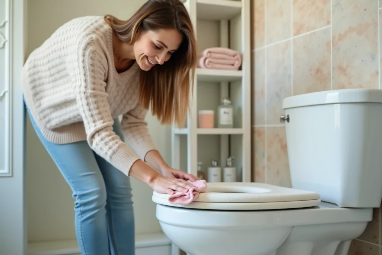 Jeune mère nettoie un rehausseur de toilette en foam dans la salle de bain