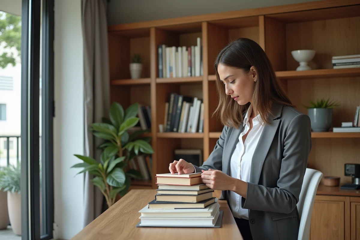 Femme organisée arrangeant des livres dans un bureau moderne