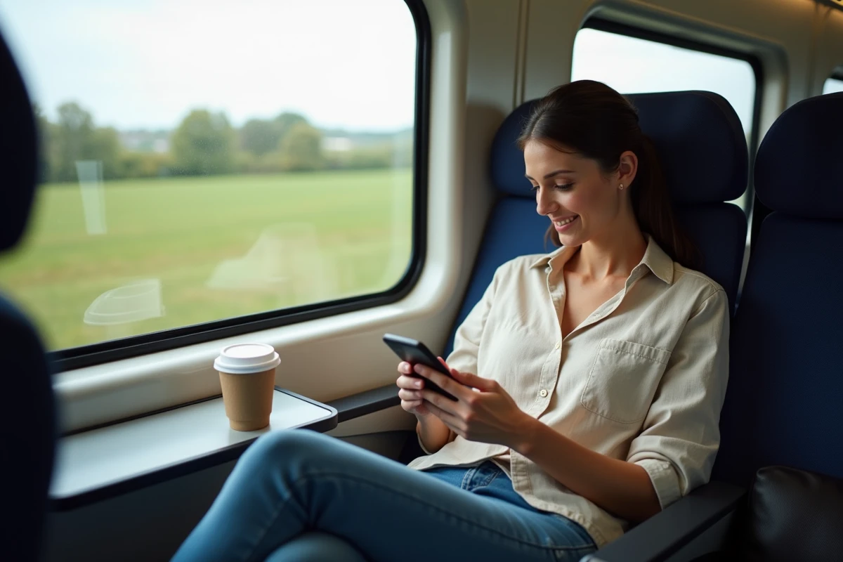 Femme voyageant en train passager pendant le transport de sa voiture par auto-train Paris-Marseille