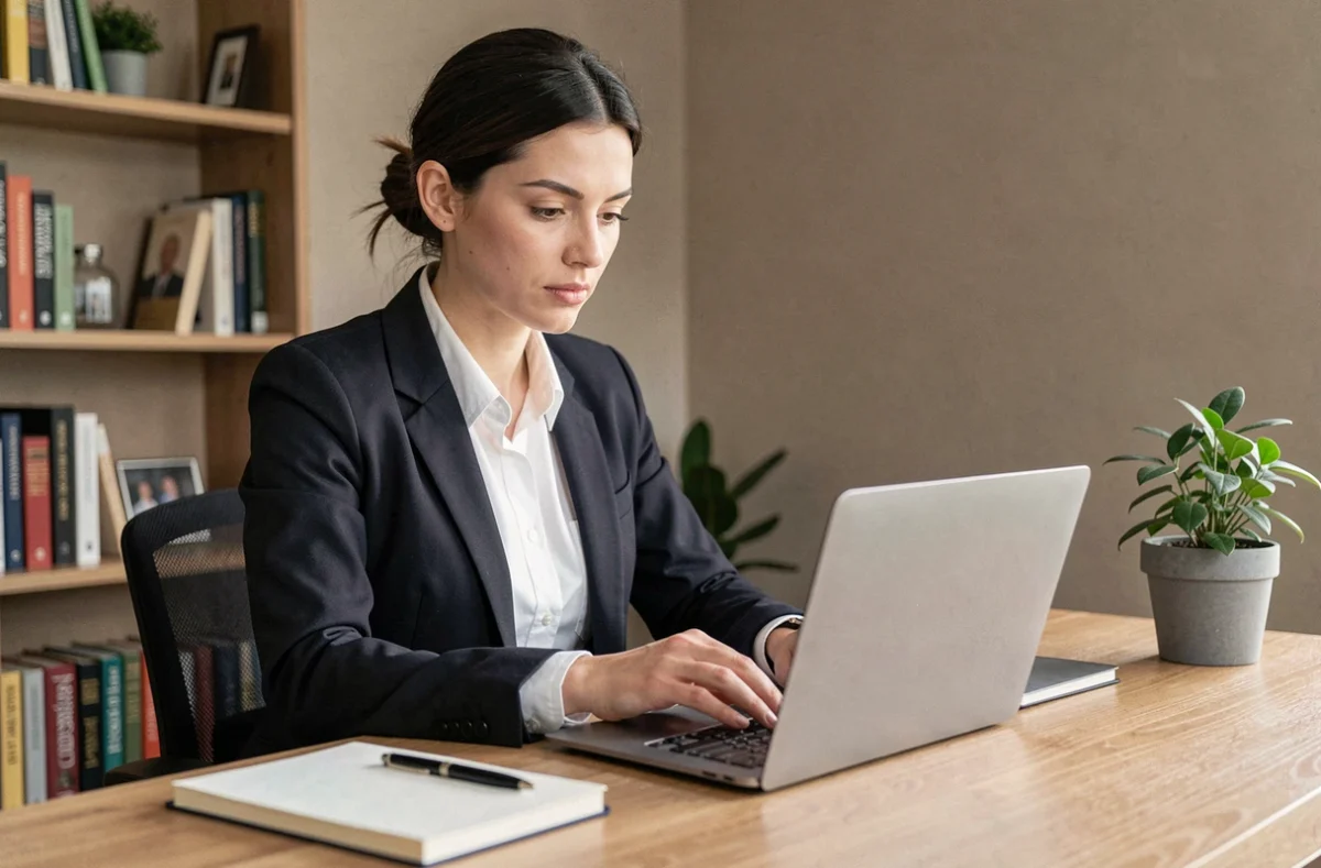 Femme professionnelle consultant son CV sur un ordinateur portable dans un bureau à domicile moderne pour optimiser sa recherche d'emploi en ligne