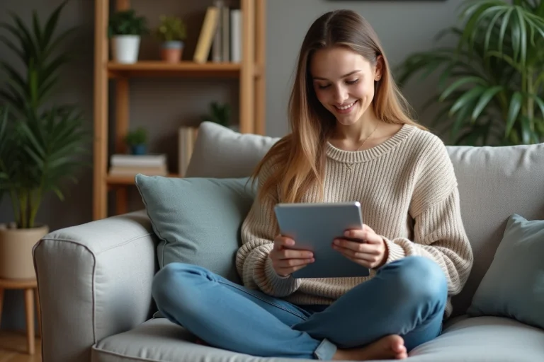 Jeune femme détendue utilisant une tablette pour streaming