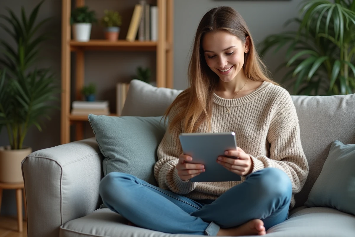 Jeune femme détendue utilisant une tablette pour streaming