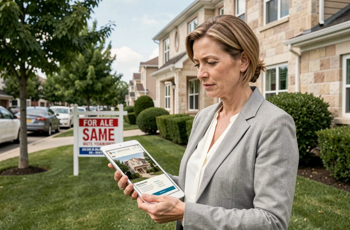 Femme comparant une annonce immobilière en ligne avec une maison à vendre dans un quartier résidentiel