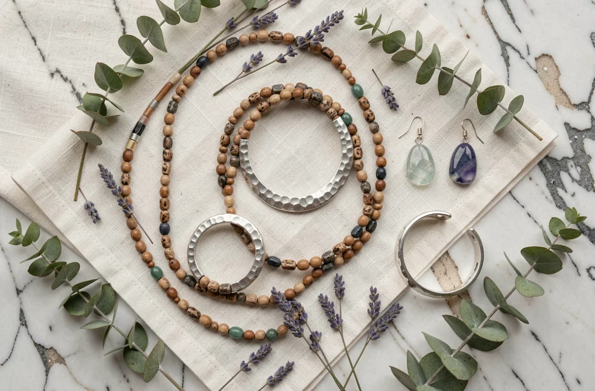 Flat lay de bijoux artisanaux colliers pierres gemmes bracelets argent martelé sur lin crème et marbre