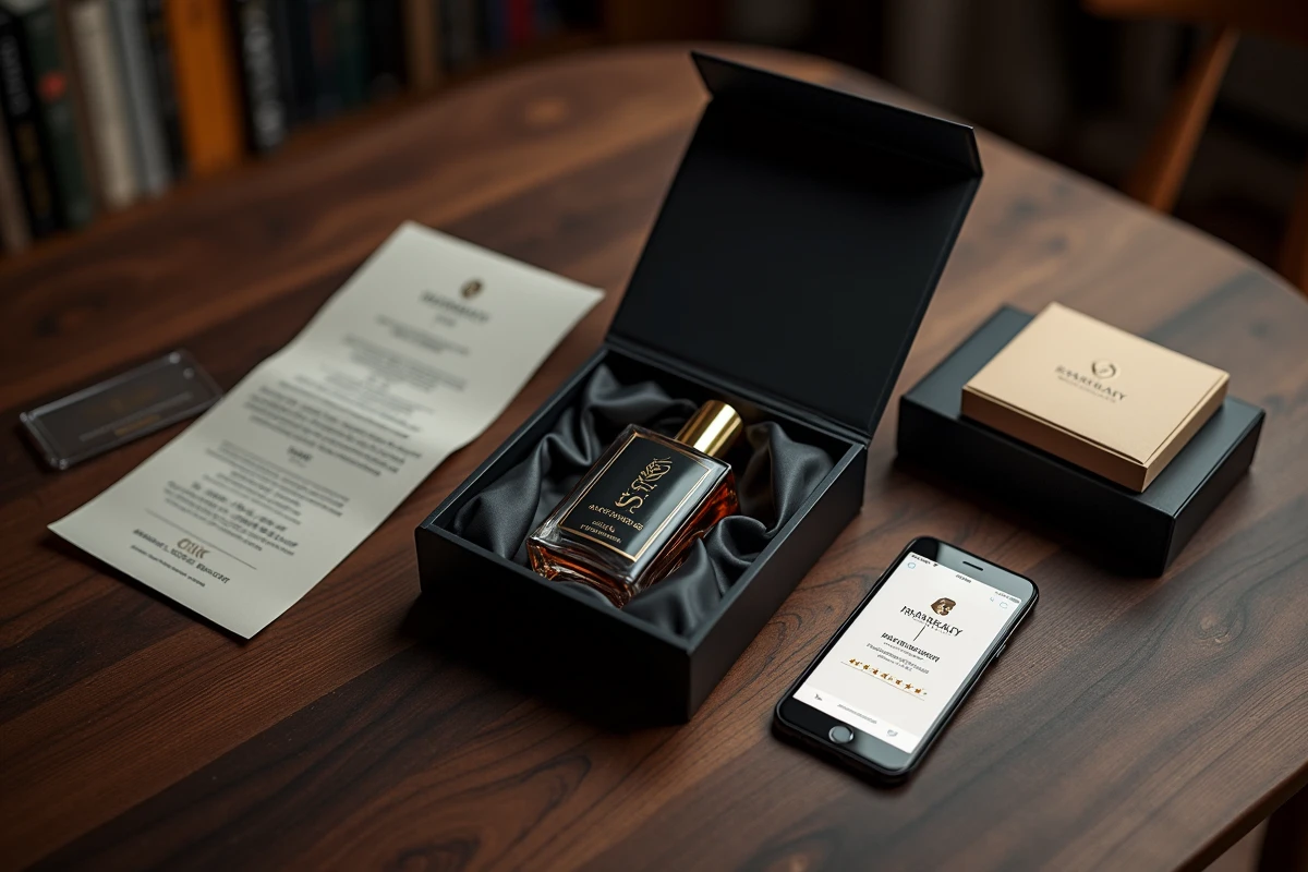 Flat lay d'un parfum de luxe déballé avec facture et carte d'authenticité sur un bureau en bois, achat sur parfumerie en ligne