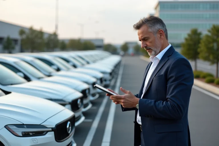 Responsable de flotte automobile examinant des données sur tablette devant une rangée de véhicules de société blancs dans un parking d'entreprise