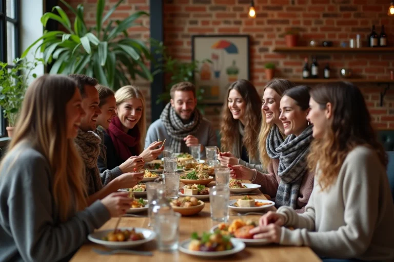 Groupe d'amis riant dans un restaurant nantais convivial